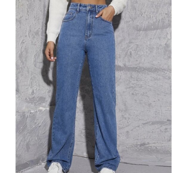 Casual Womens High Waist Patched Detail Wide Leg Pants Medium Wash Blue - Picture 1 of 4